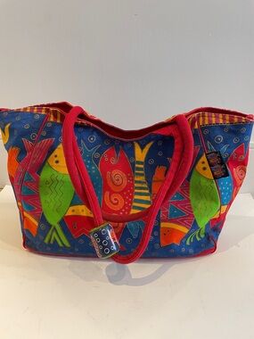 Laurel Burch Beach Bag Classic Fish Print Canvas Tote with Bead Detail